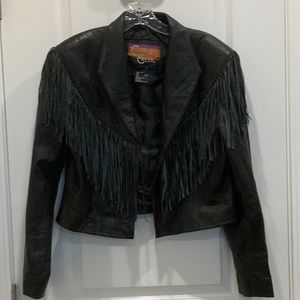 1980’s vintage black leather with fringe, Large